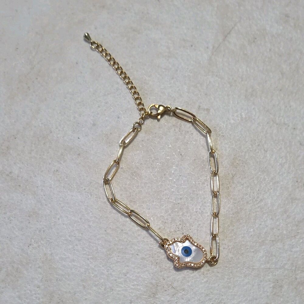 Gold Tone Paperclip Chain Evil Eye Hand Dangle Charm Bracelet, Lobster Clasp